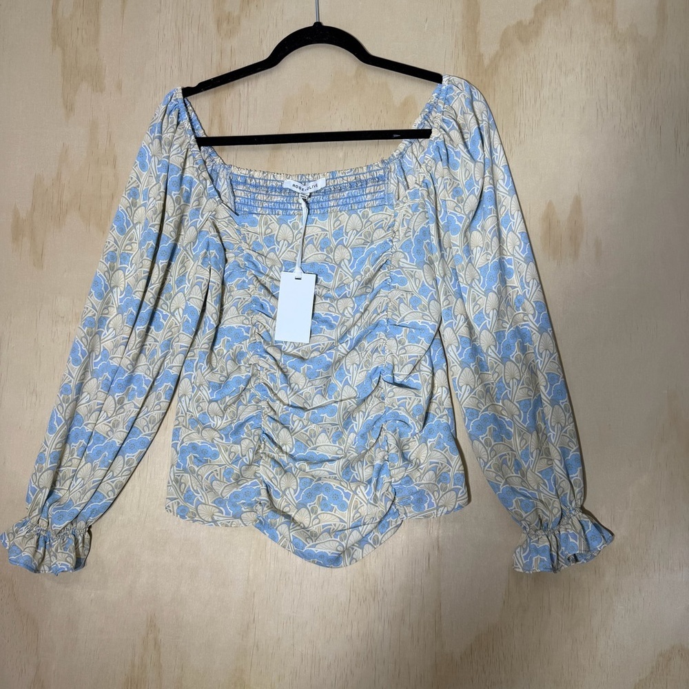 Rose + Olive Blue Floral Ruched Long Sleeve Peasant Blouse Women’s‎ Boho NWT M